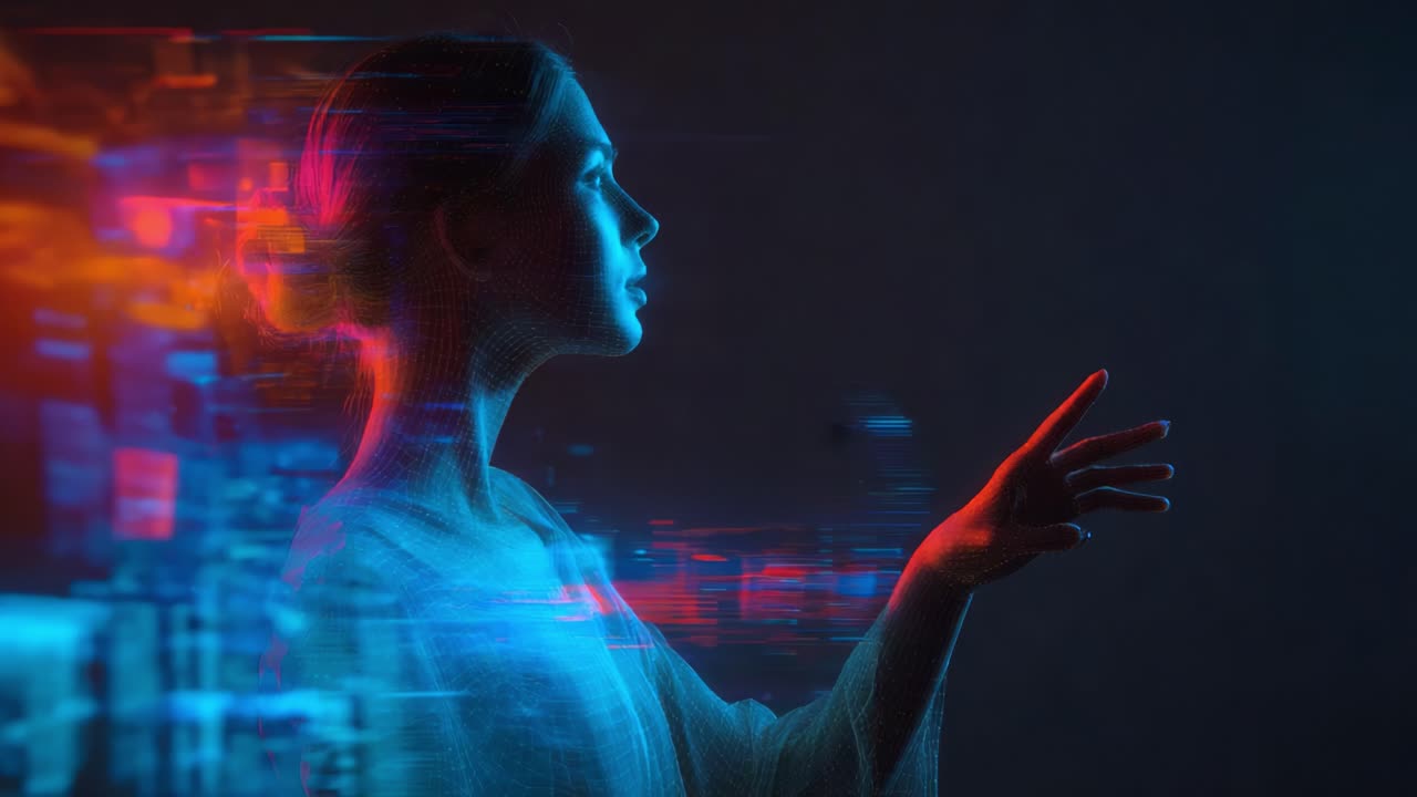 Exploring the Intersection of Humanity and Technology: A Digital Portrait of a Young Woman with Surreal Elements Capturing the Future's Essence Through Vibrant Colors and Light