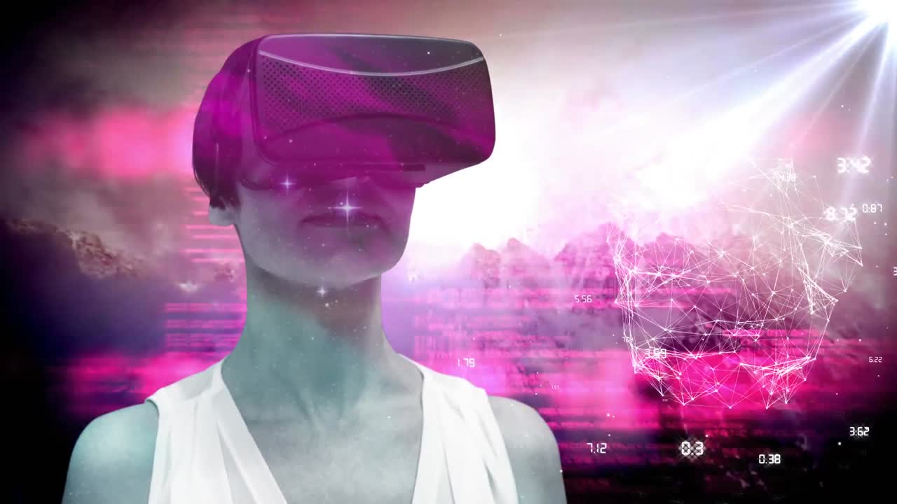 Animation of network of connections and data processing woman wearing vr headset