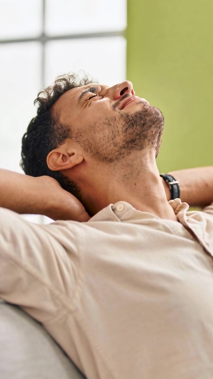 Video verticale: Sentendo tensione, uomo appoggiato che si tiene la testa, allungando il collo sul divano, con camicia e orologio.
