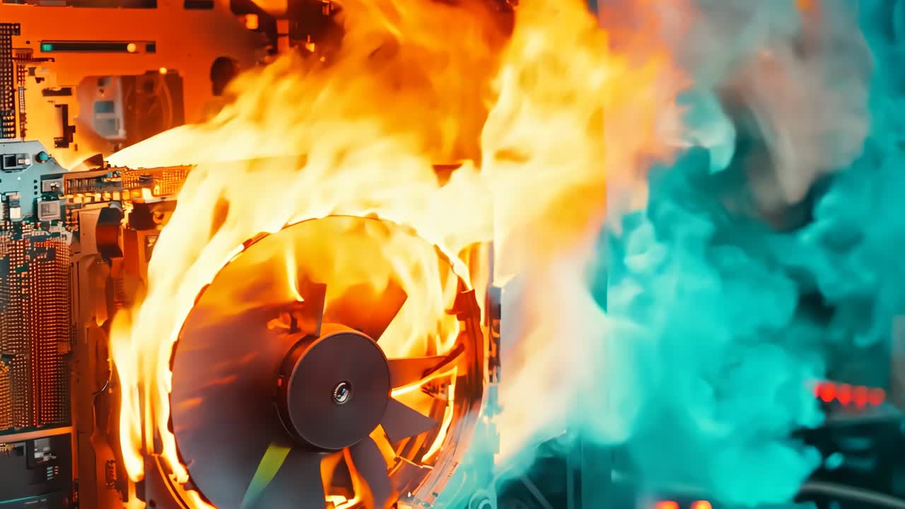 연기가 어나오는 컴퓨터 케이스가 불타고 있다