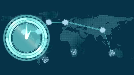 Animation-of-clock-over-network-of-connections-and-world-map