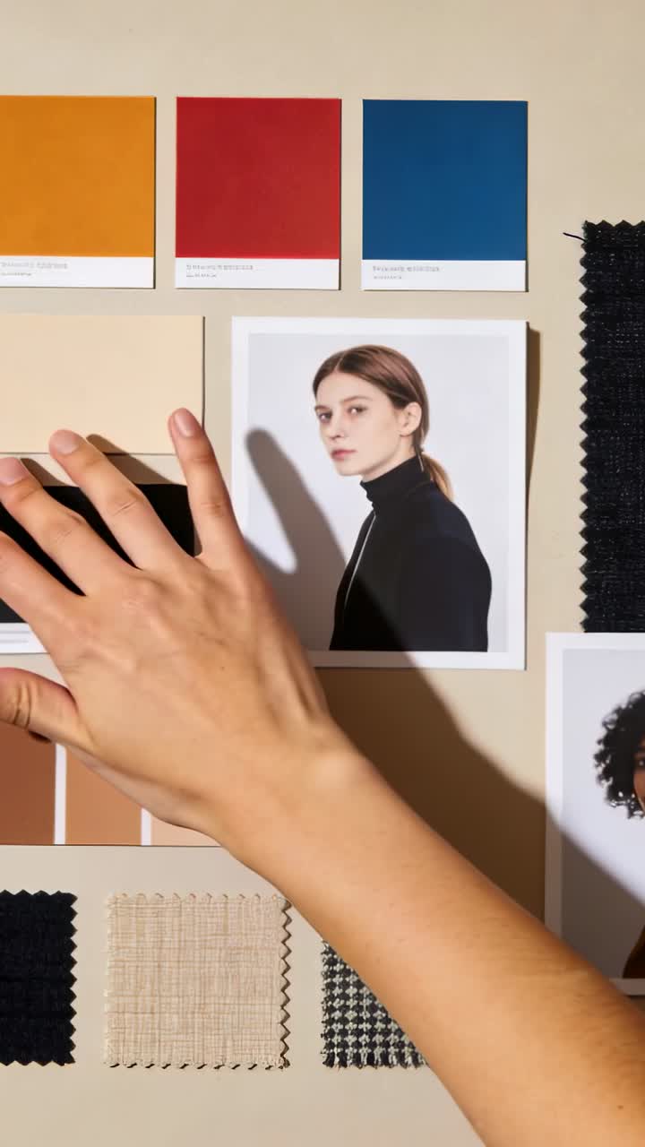 Vertikal video: Hånd som kommer inn og skyver en fargetone-stripe over et trykk, i svart topp på en flatlay som matcher tonene