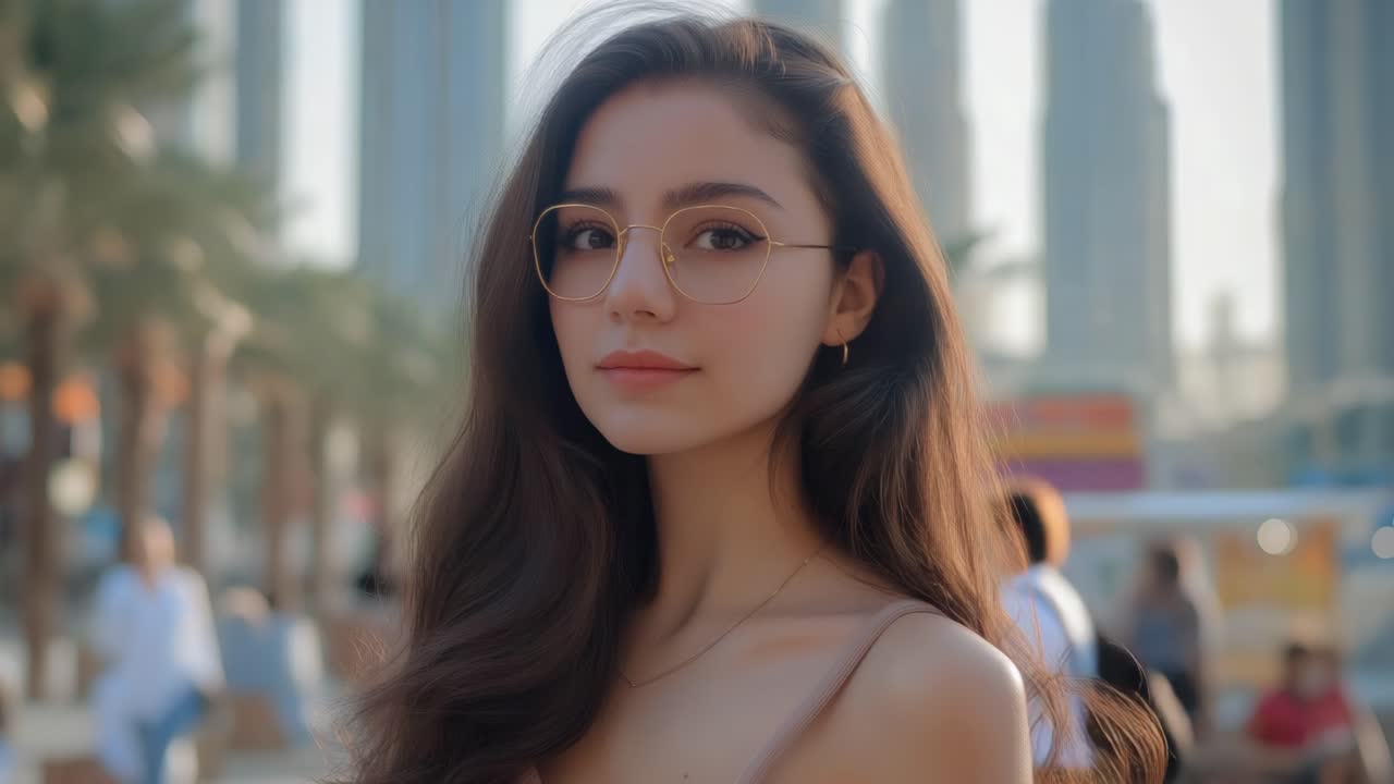 Confident young woman with long hair and glasses gazes at the camera, surrounded by a lively urban scene featuring palm trees and towering buildings