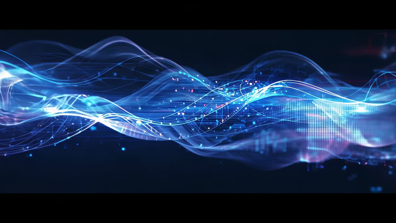 Opening sequence revealing luminescent blue ribbons weaving across grid with glowing particles