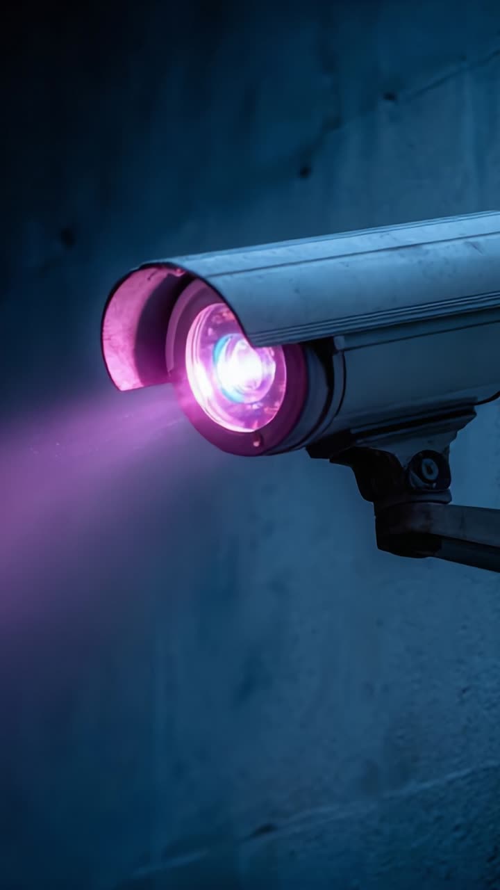 A Futuristic Security Camera Emitting Vibrant Purple Light in a Dimly Lit Environment, Showcasing Advanced Surveillance Technology and Aesthetic Design Features