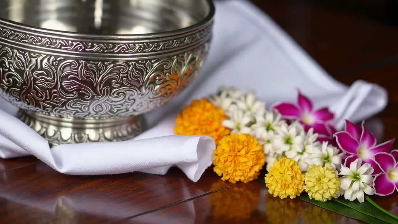 Silver Bowl with Flowers - Thai Ceremony