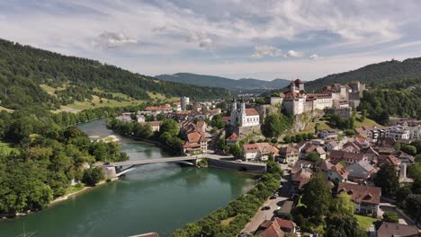 aare river winding through aarburg, switzerland, drone aerial view, sunset glow over historic townscape