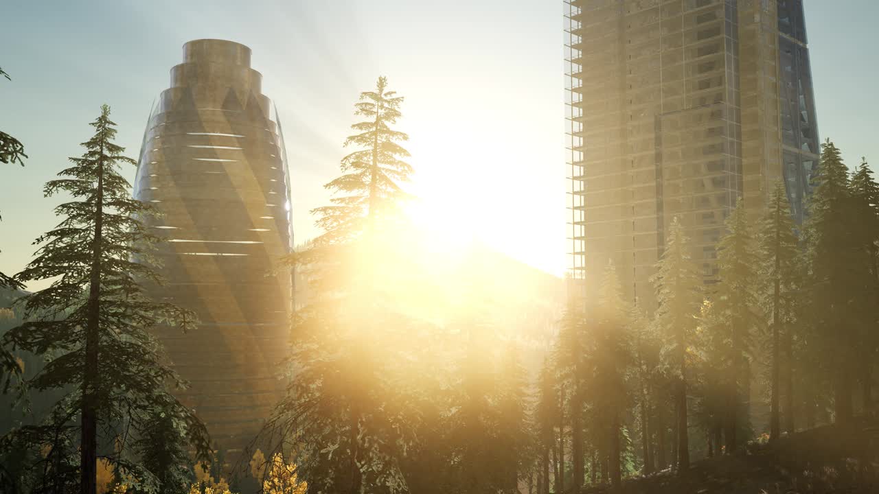 Paisagem Urbana com Arranha-Céus ao Pôr do Sol
