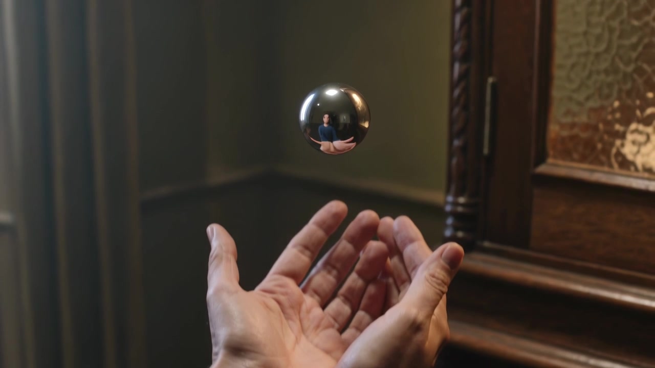 Mani in maniche lunghe scure che si aprono, rilasciando una sfera in uno studio vicino a tende e un armadietto, mostrando la levitazione.