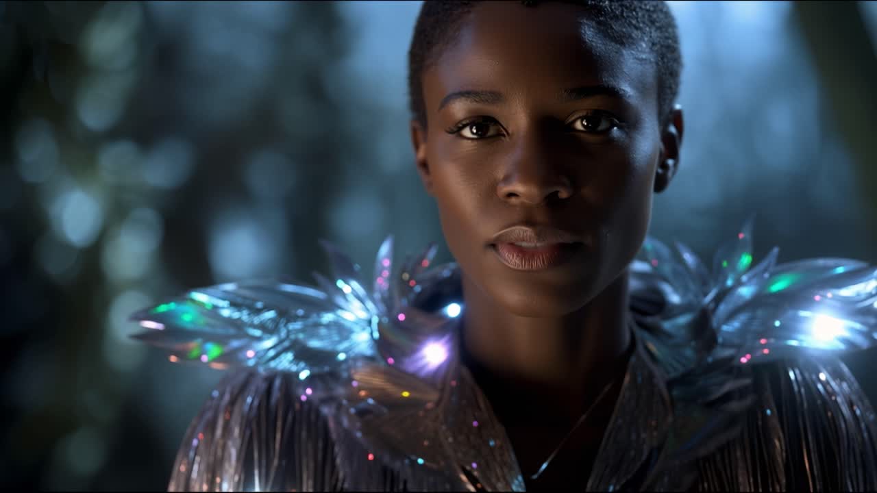Dark-haired woman gazes thoughtfully into the distance. Her expression is calm, with subtle intensity. Glowing, iridescent fabric shimmers around her shoulders