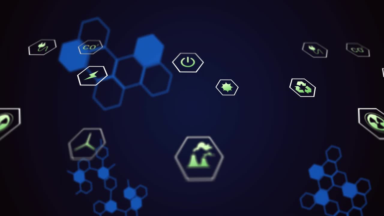 Red double-helix entering lower left sweeping center upward aligning hex icons, showing energy data