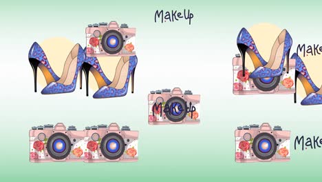 animation of make up text high heels and camera repeated on green background