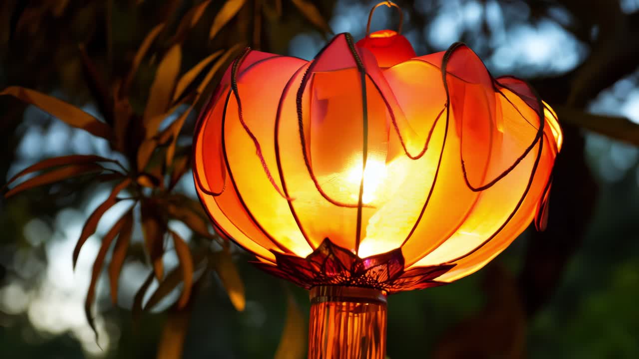 Warm light emanating from an orange paper lantern gently swaying in the breeze, creating a peaceful ambiance against a backdrop of lush foliage