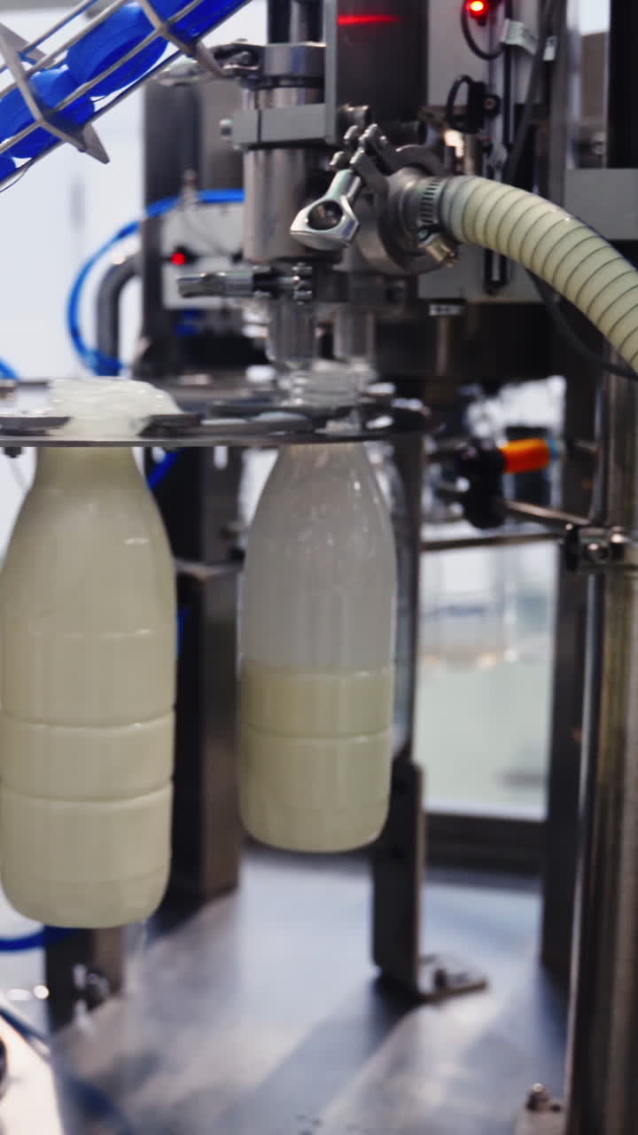 Robotic process for filling bottles with milk in a factory. Milk is pouring into plastic bottles by a special automatic equipment in a modern dairy plant. Vertical video