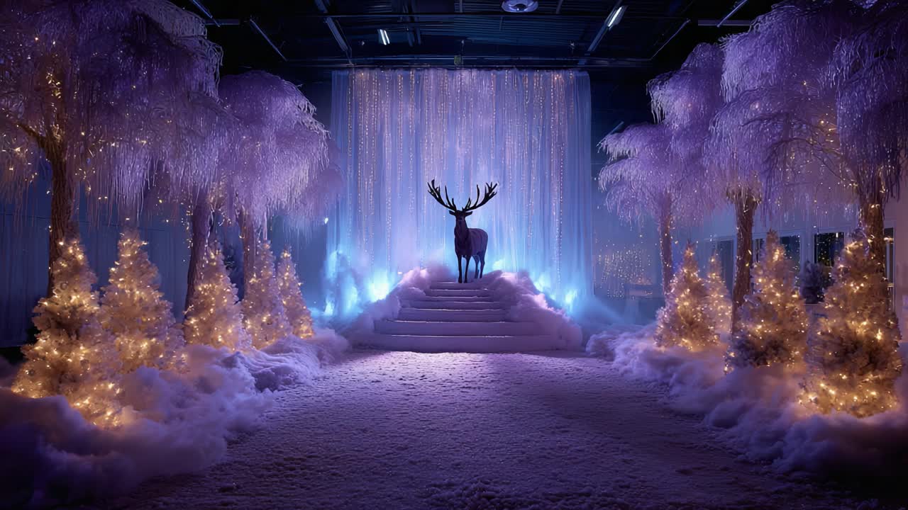 A Majestic Winter Wonderland Featuring a Regal Stag Amidst Glittering Lights and Frosted Trees, Creating a Magical Holiday Atmosphere of Serenity and Enchantment