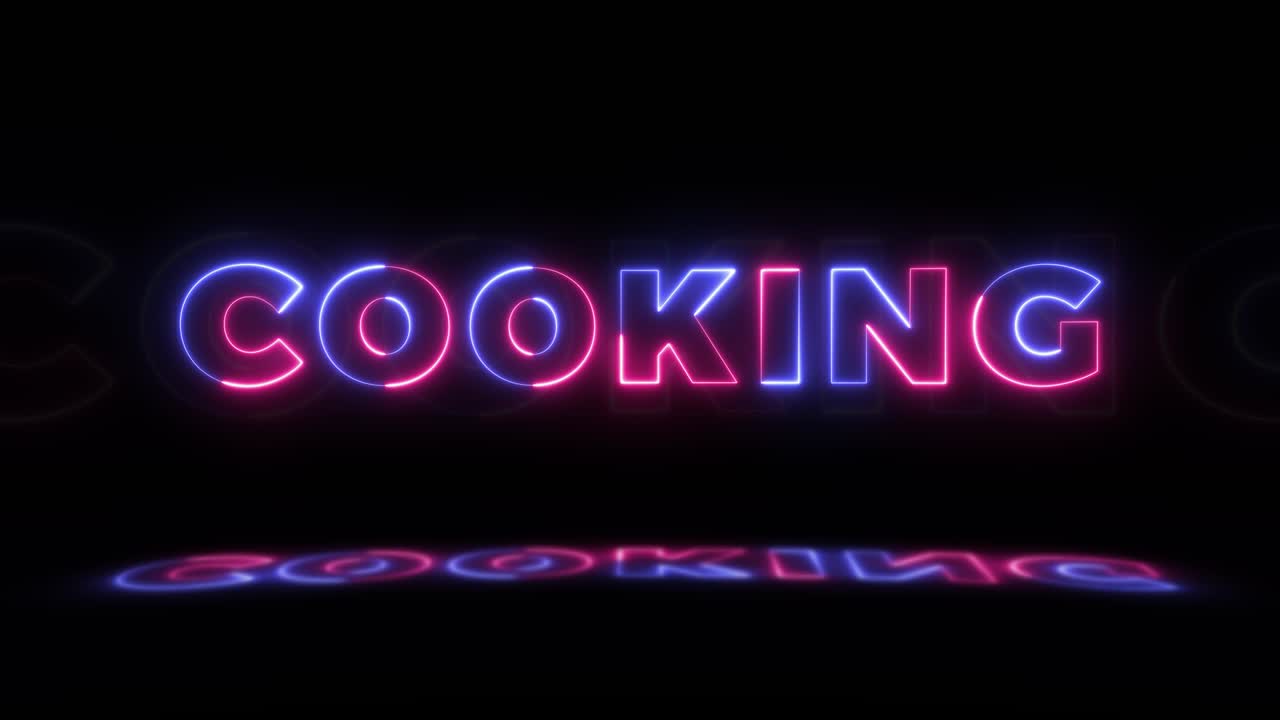 neón brillante palabra 'cocina' en un fondo negro con reflejos en un piso. signos de brillo de neón en gráfico de movimiento de bucle sin costuras