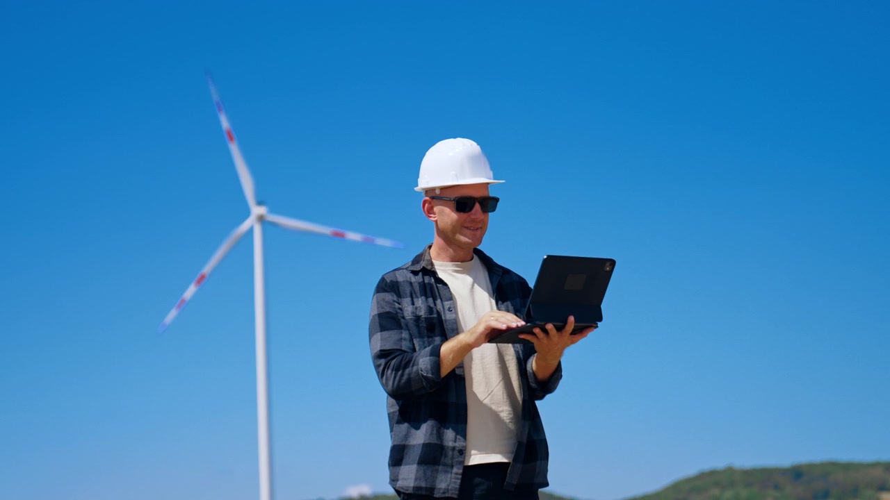 Engineer using digital tablet near wind turbine. A man wearing a white hardhat and sunglasses operates a portable electronic device outdoors under a blue sky.