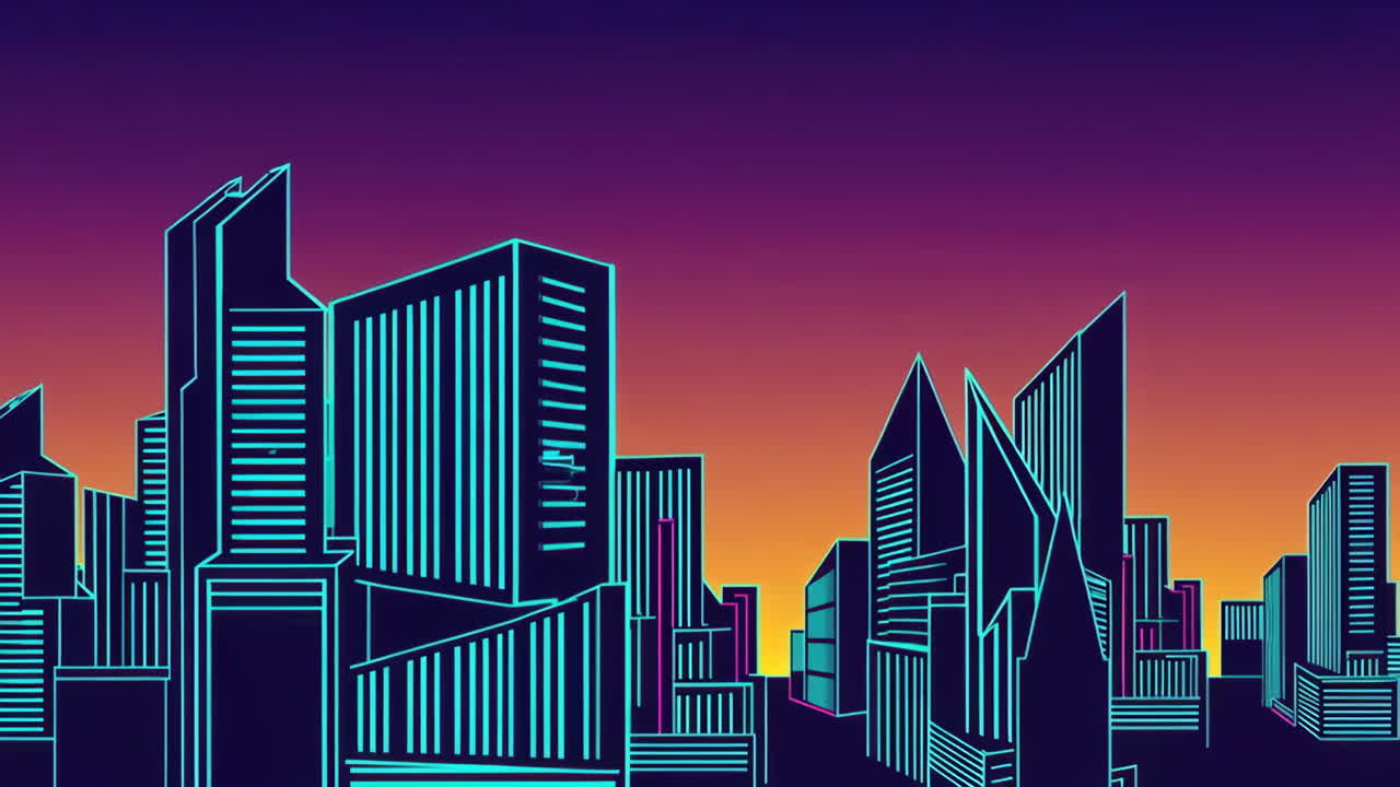 Paisaje urbano neón retrofuturista con cielo degradado