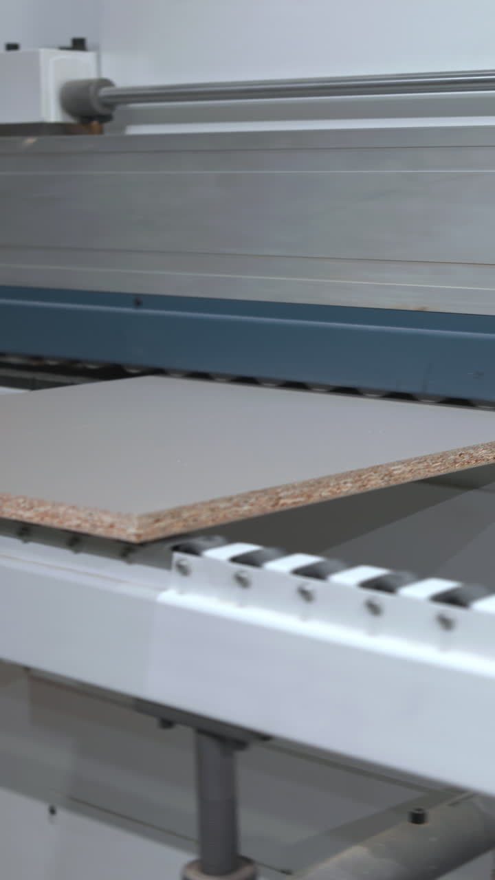 Painel em esteira CNC sob cortador mostrando pórtico azul e mesa de rolos, posicionamento de folha de papelão e sensor.