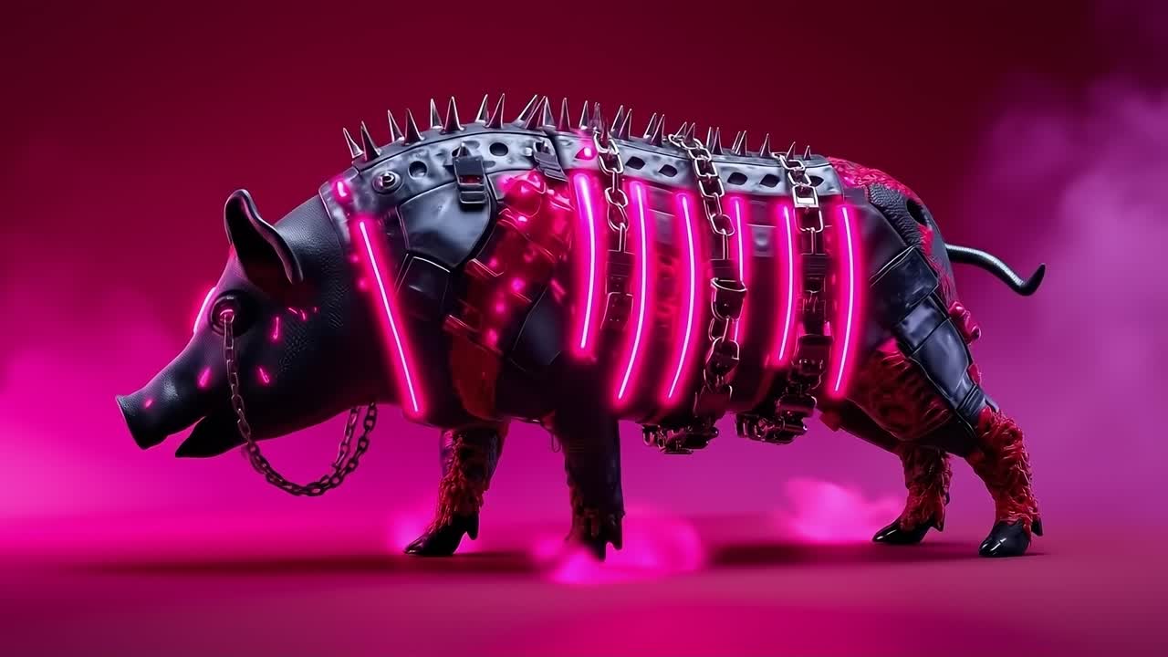 A pig with spikes and chains on its back
