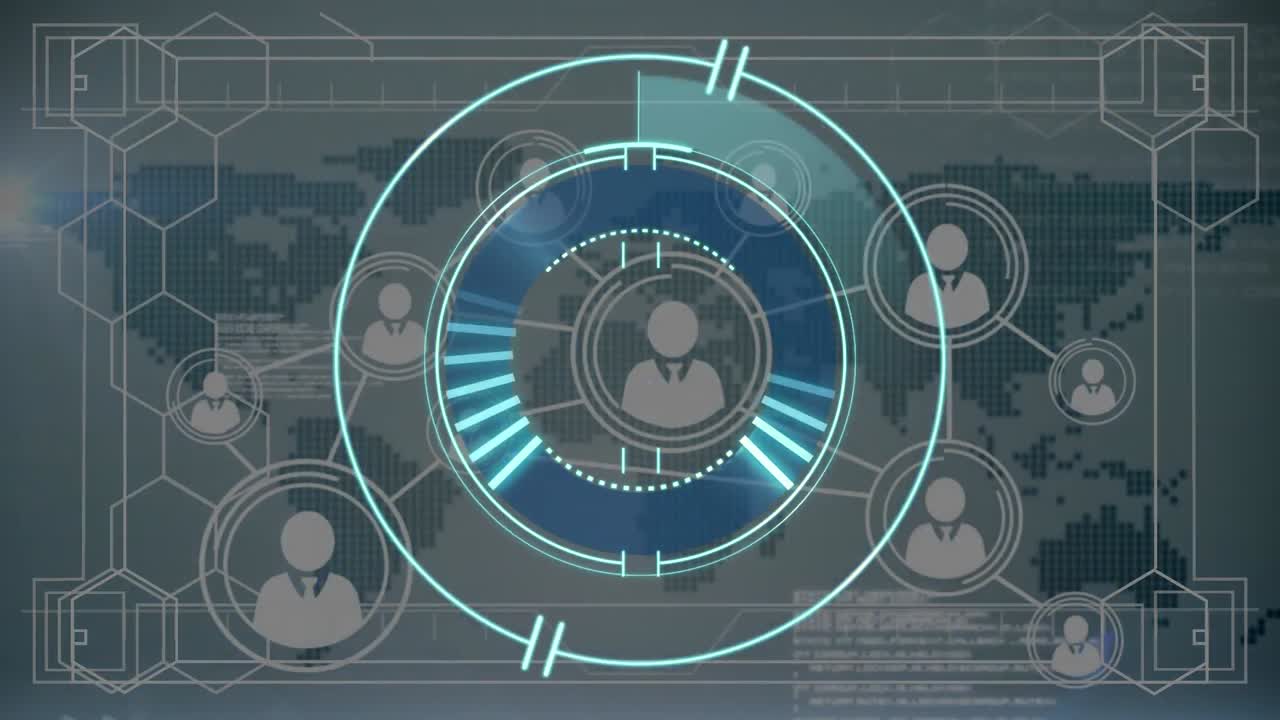 animación de la red de conexiones de iconos de personas y escaneo de alcance sobre el mapa del mundo