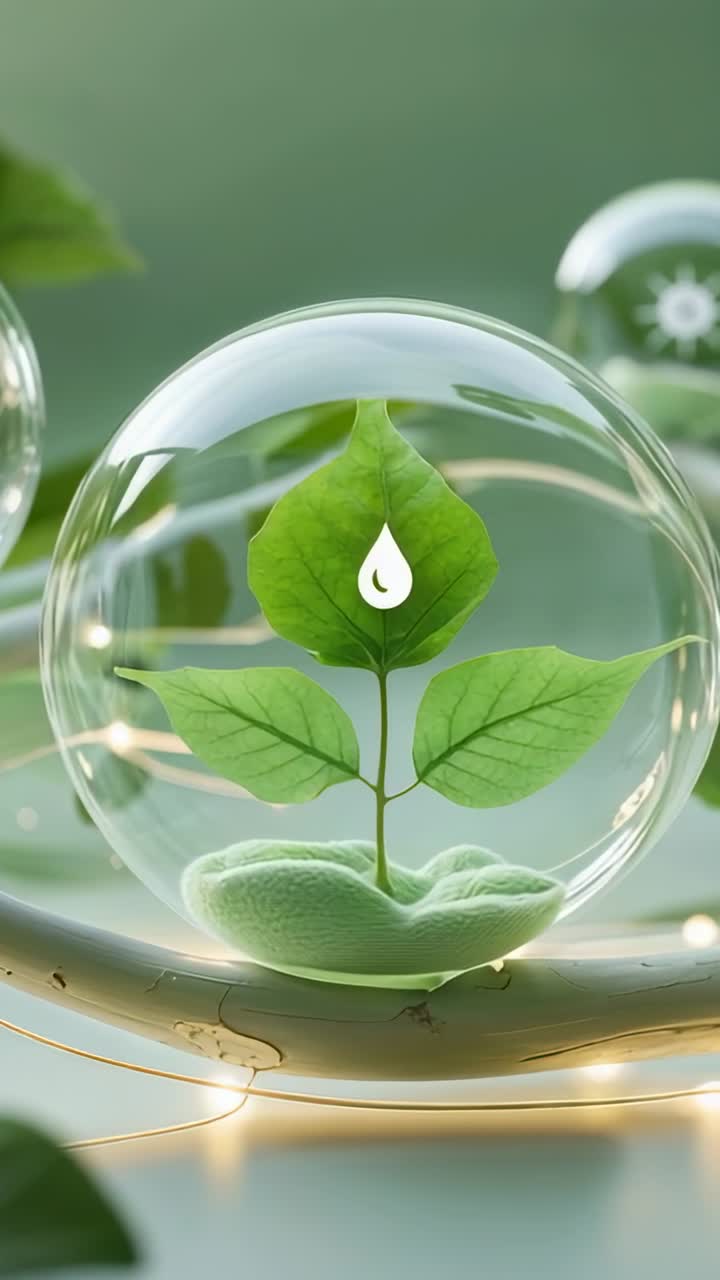 Vertical video: Rotating sphere showcasing plant with droplet, gear and conduits on green plane