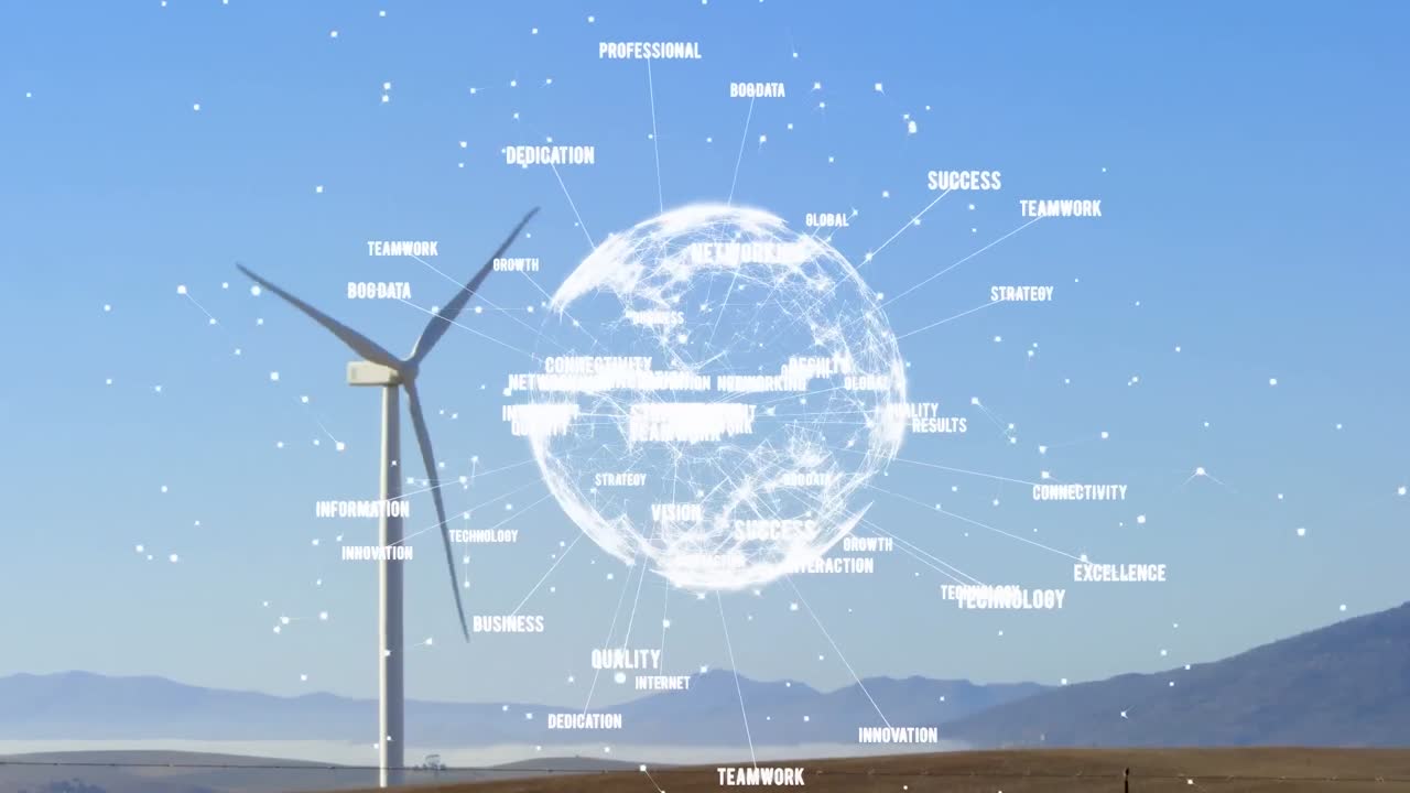 풍력 터빈 위에 텍스트와 함께 지구의 애니메이션
