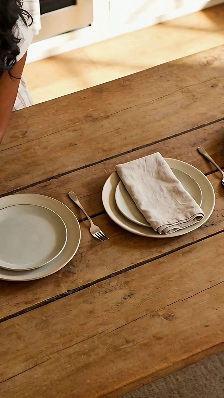 Vídeo vertical: Mulher inclinada de blusa branca colocando prato e garfo em uma mesa de madeira para a refeição, espaço para texto