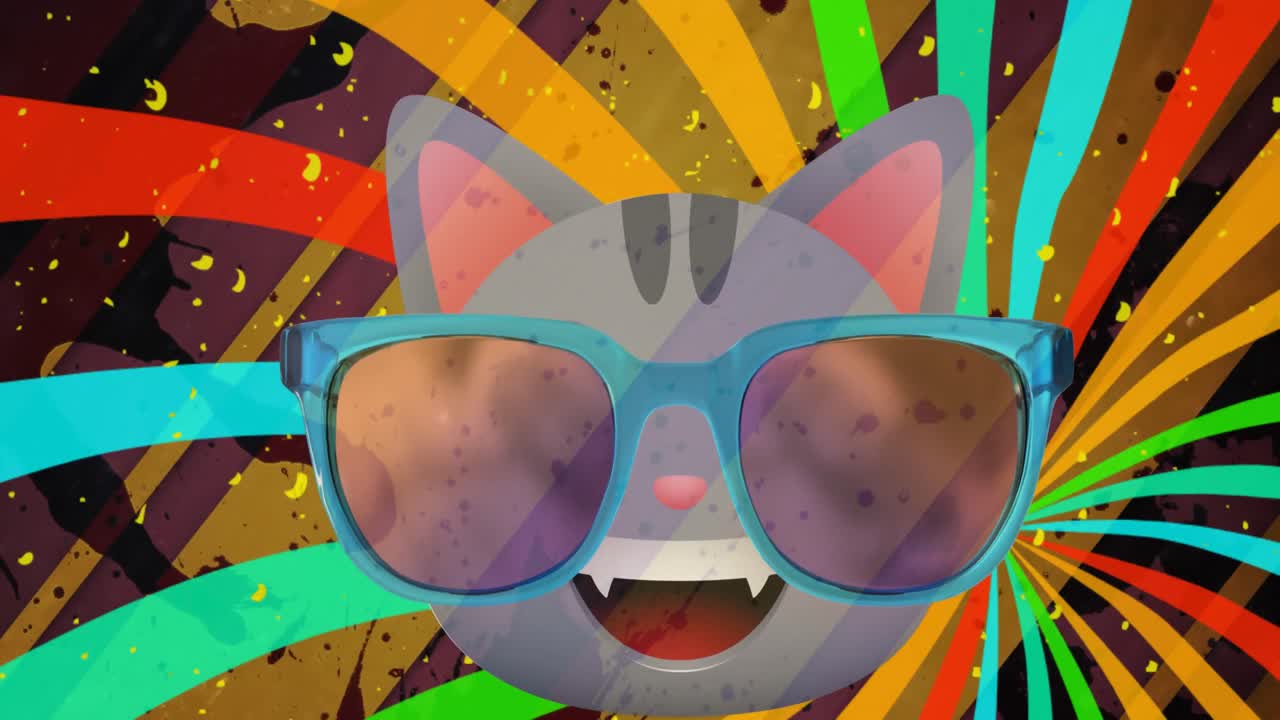 animación de un gato sonriente con gafas sobre rayas multicolores giratorias