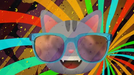 animation of smiling cat with glasses over spinning multi coloured stripes