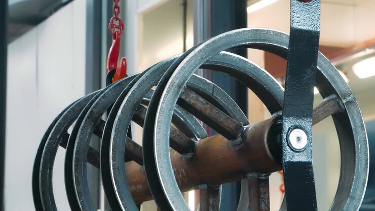 Steel round parts welded to base suspended on hook in metalworking workshop