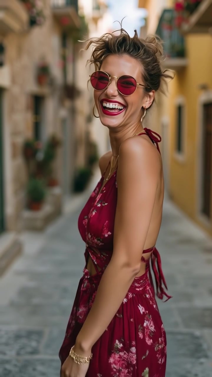 Cô gái trẻ vui vẻ cười lớn khi đeo kính râm đỏ và mặc váy hoa mùa hè.