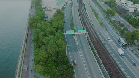 aerial-view-of-main-highway-in-Hong-Kong-,-traffic-smog-pollution-in-china-asia,-zero-emission-plan-concept