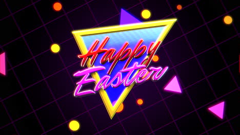 texto de animación felices pascuas y triángulos abstractos retro sobre fondo retro en estilo 90