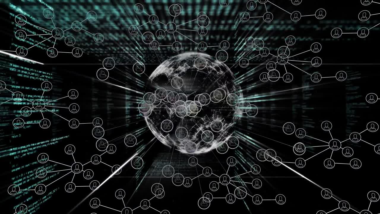 Animation of network of connections with people icons over data processing and globe