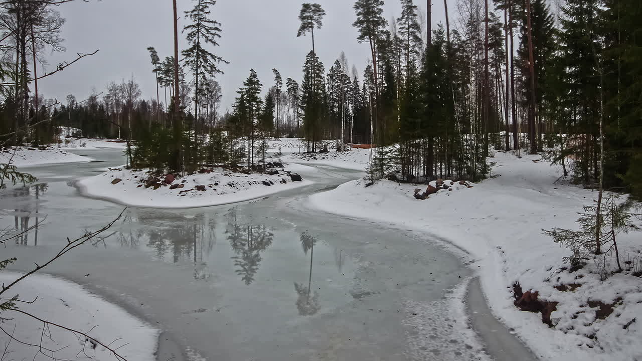 Timelapse-video järven jäätymisestä täysin talvisessa ja lumisessa metsässä