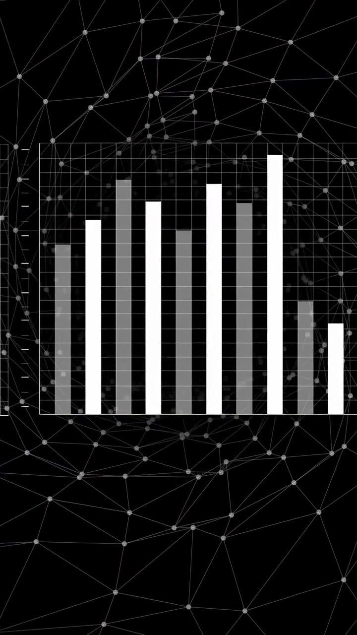 HUD panels appearing over mesh, charts animating line-to-bars and map sliding in, tracking finance