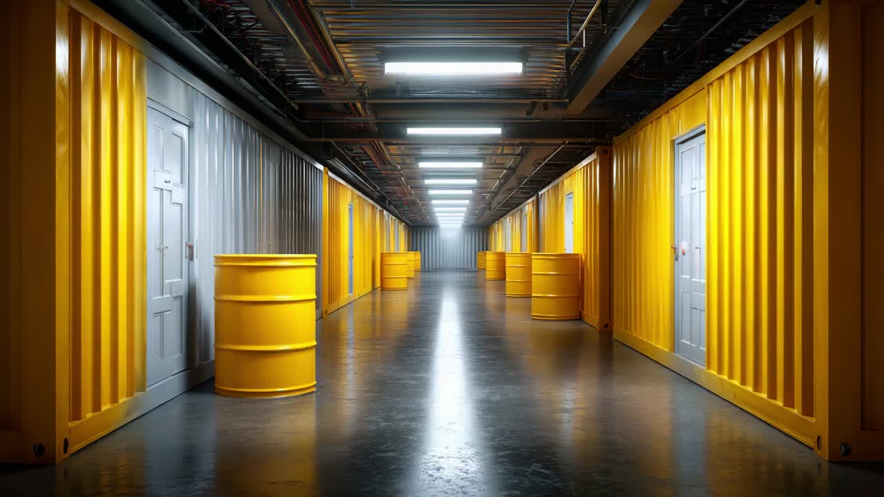 A Captivating View of an Industrial Storage Facility Featuring Bright Yellow Barrels and Gray Containers, Illuminated by Modern Lighting in a Spacious, Clean Corridor Setting