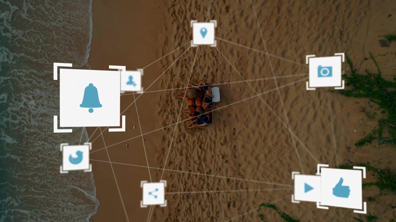 Five adults sitting beach, overlay appearing, animating bell bird camera icons mapping social ties