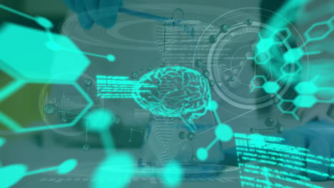 animación del procesamiento de datos y la fórmula química sobre el científico en el laboratorio