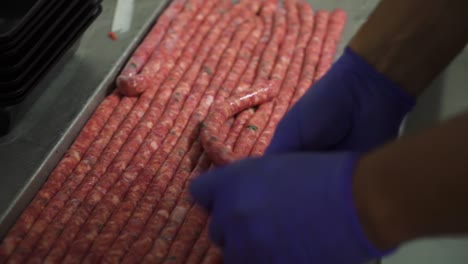 butcher stuffing endless line of sausages wearing blue gloves, close up