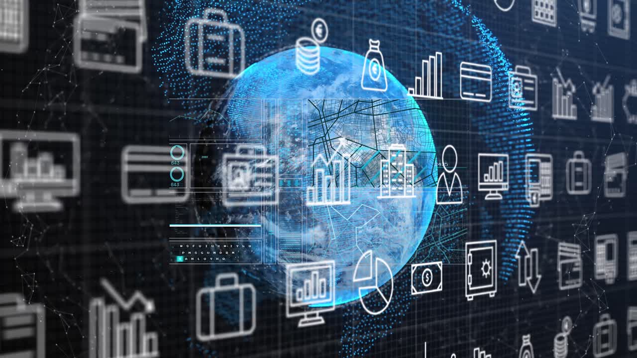 animación de múltiples iconos digitales y interfaz con procesamiento de datos contra un globo