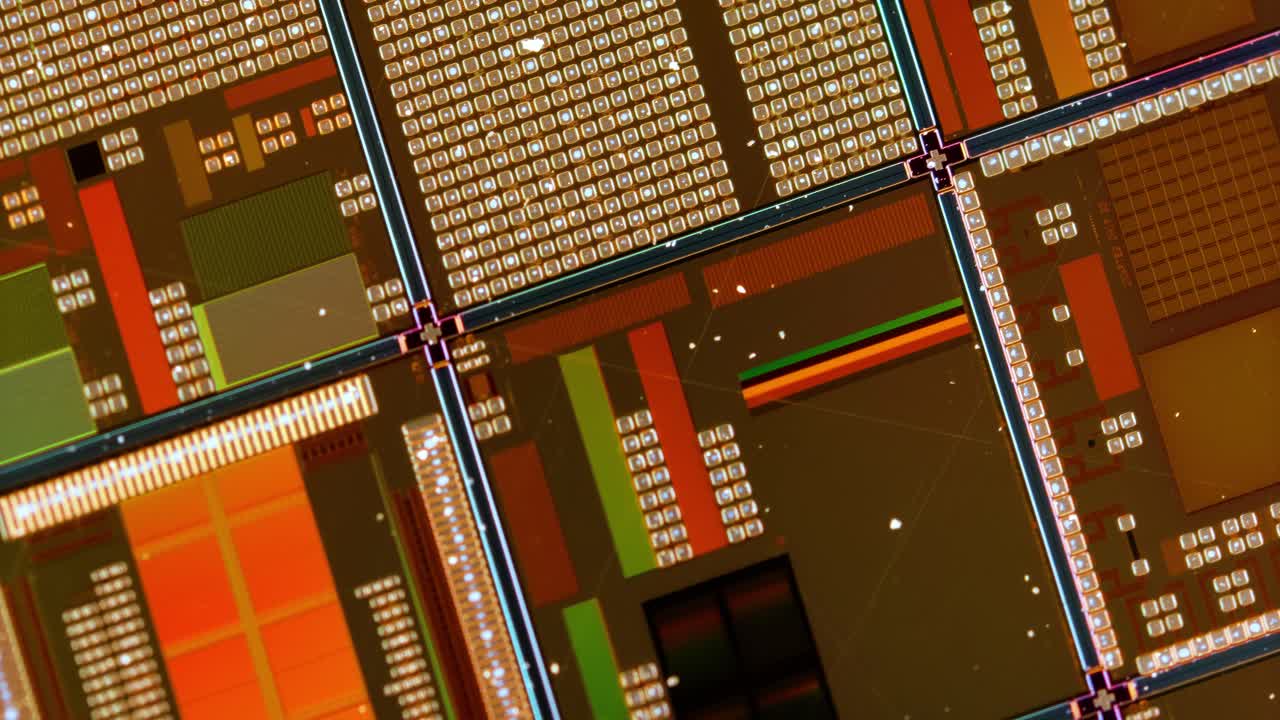 실리콘 반도체 웨이퍼 클로즈업. 전자공학에서, 웨이퍼는 슬라이스 또는 서브스트레이트라고도 불리며, 집적 회로의 제조에 사용되는 반도체, 결정성 실리콘의  ⁇ 은 슬라이스입니다.