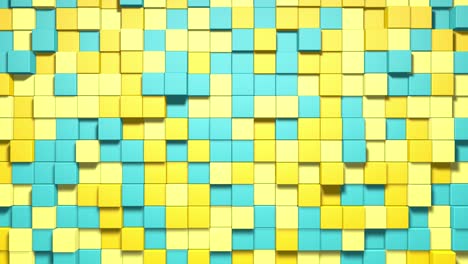 3d abstract cubes loop. isometric geometric mosaic waves pattern. construction of hills landscape using blue and yellow blocks. 4k animation