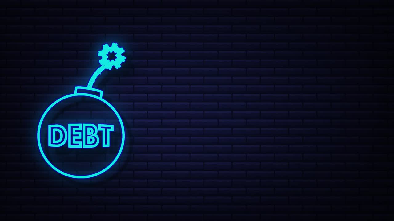 Biglietto da visita a fumetti con bomba del debito. Concetto di business. Motion Graphic