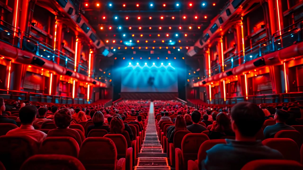 Grande auditorium di una sala concerti affollata con luci rosse e palco. Vista dal retro di un grande teatro gremito di spettatori di fronte a un palco illuminato da faretti blu.