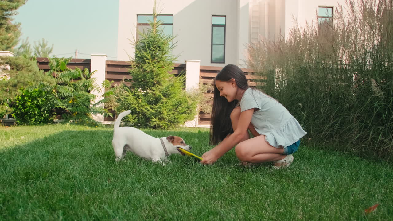 Anak Perempuan Bermain Dengan Anjing Di Halaman Belakang