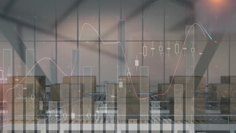 statistical data processing over multiple boxes on conveyor belt against warehouse