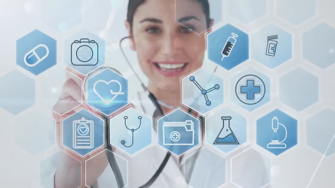 animación de iconos médicos sobre una mujer biracial sobre un fondo blanco