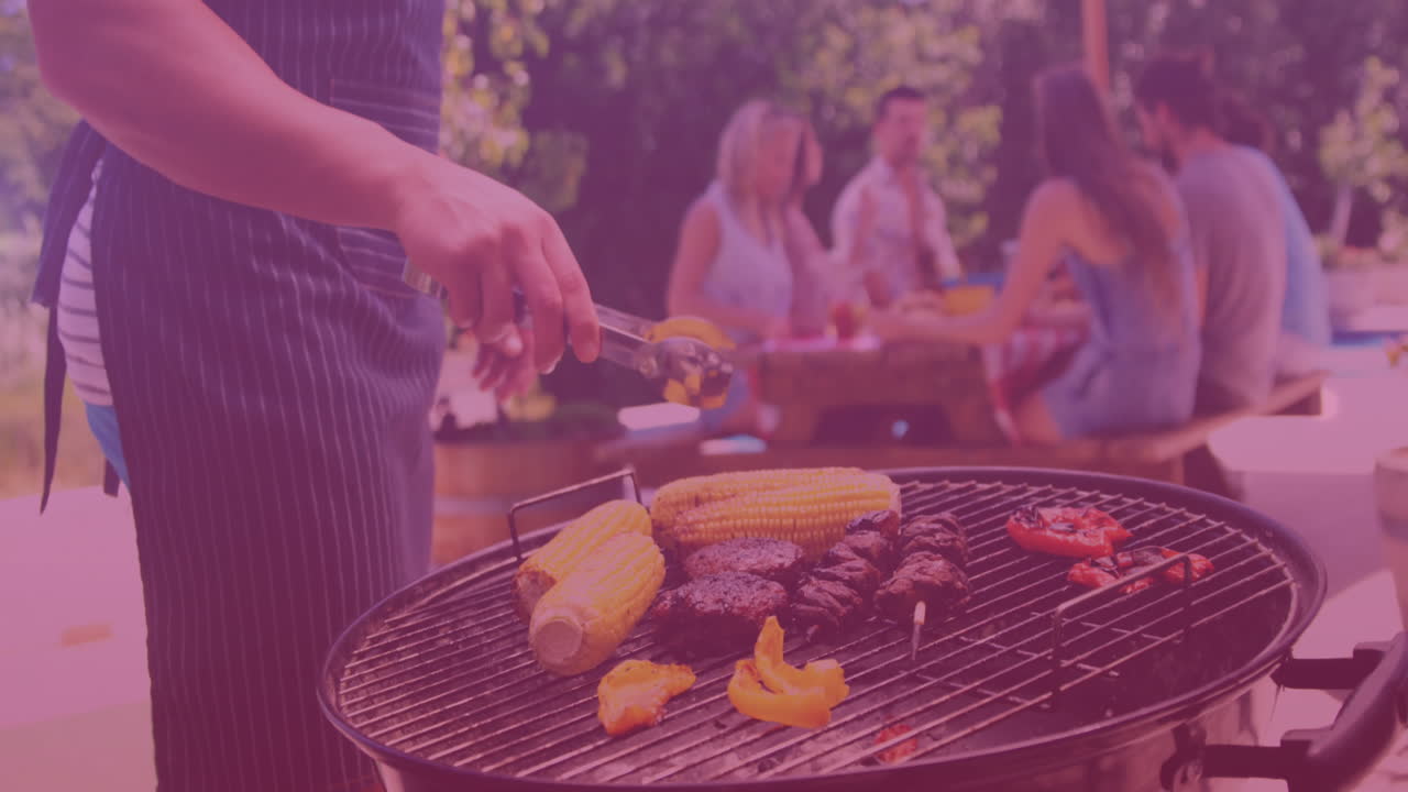 Animazione di un gruppo di amici caucasici che fanno un barbecue e parlano.